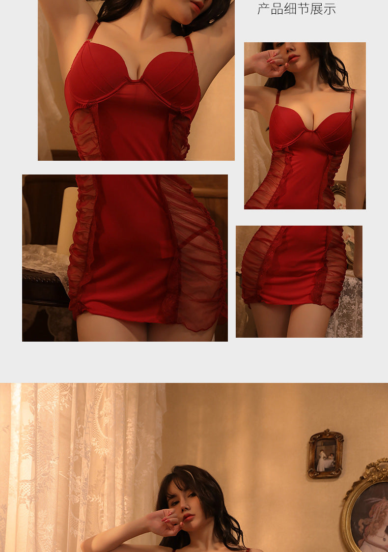 Ai Yufei New Sexy Lingerie Sexy See-through Mesh Camisole Dress Set Push-up Underwire Temptation Nightdress1015