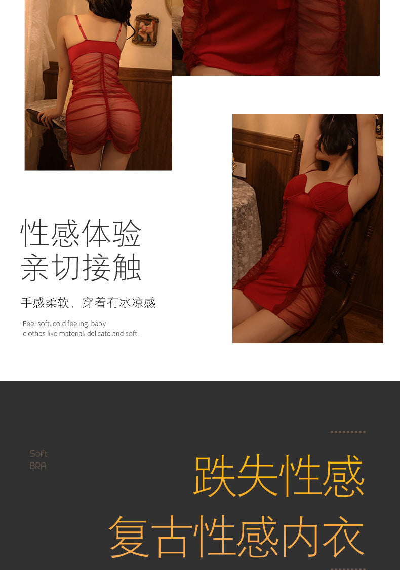 Ai Yufei New Sexy Lingerie Sexy See-through Mesh Camisole Dress Set Push-up Underwire Temptation Nightdress1015