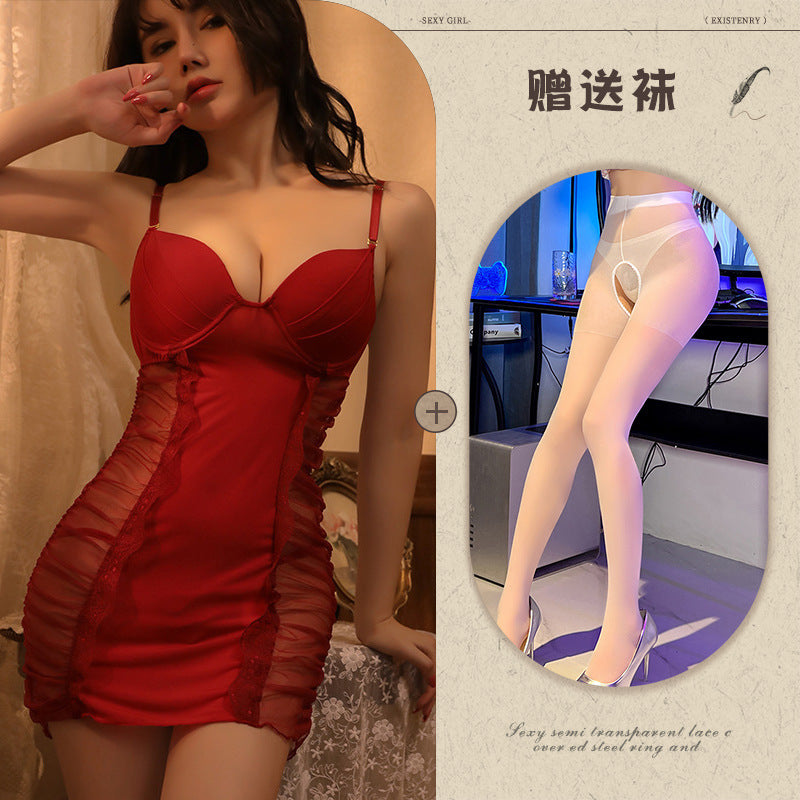 Ai Yufei New Sexy Lingerie Sexy See-through Mesh Camisole Dress Set Push-up Underwire Temptation Nightdress1015