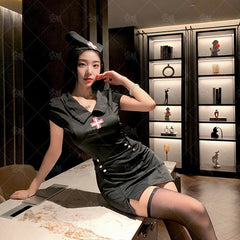 エロティックランジェリー セクシー シルキー 無地 ホット 免脱 スリット ナースコスチューム 職業風 制服セット