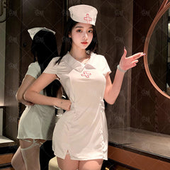 エロティックランジェリー セクシー シルキー 無地 ホット 免脱 スリット ナースコスチューム 職業風 制服セット