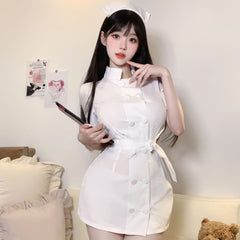 セクシーピュアナースコスプレセット｜ホワイト看護師制服誘惑ランジェリー
