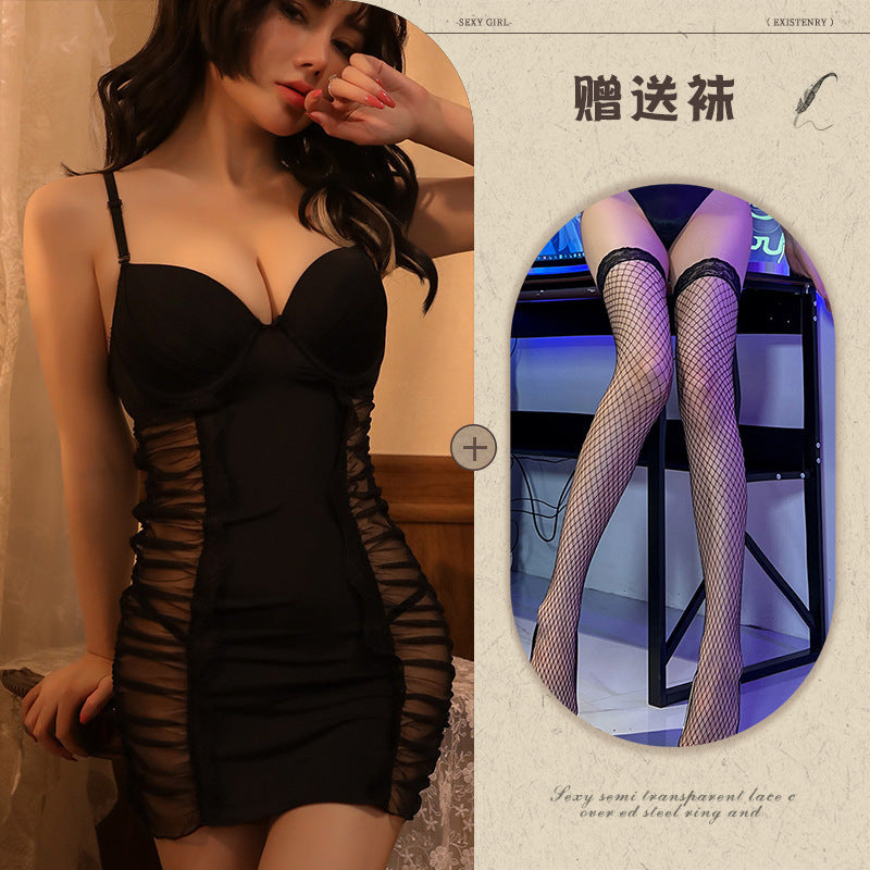Ai Yufei New Sexy Lingerie Sexy See-through Mesh Camisole Dress Set Push-up Underwire Temptation Nightdress1015