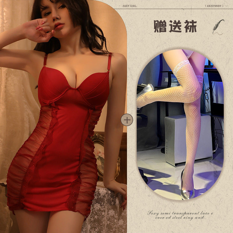 Ai Yufei New Sexy Lingerie Sexy See-through Mesh Camisole Dress Set Push-up Underwire Temptation Nightdress1015