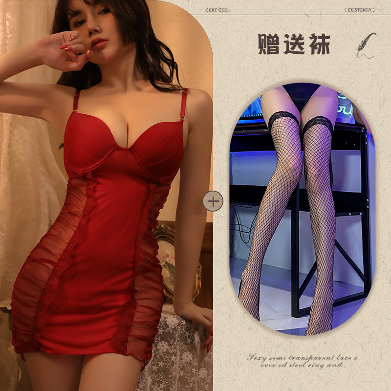 Ai Yufei New Sexy Lingerie Sexy See-through Mesh Camisole Dress Set Push-up Underwire Temptation Nightdress1015